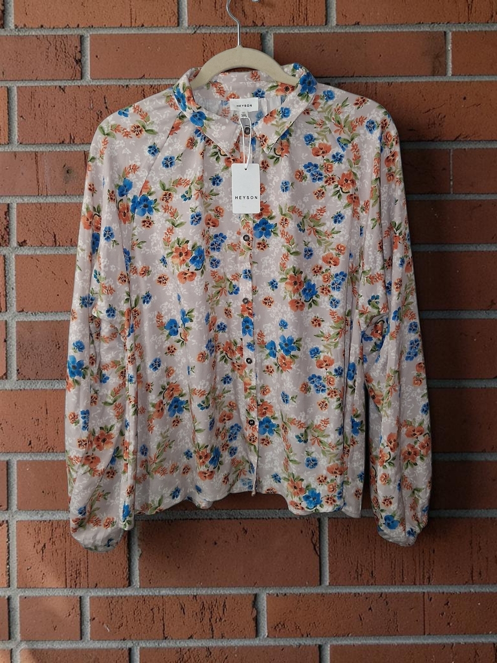 HEYSON Floral Button-Up Top in Cream with Blue & Orange Flowers